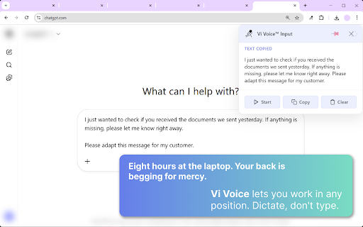 Vi Voice - Voice Input Assistant :: Speech-to-text dictation with AI punctuation. Voice typing in 11 languages. Instant transcription. GDPR compliant & private.
