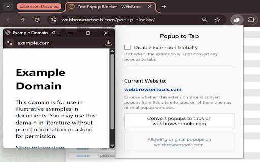 Open Pop-ups in Tabs :: Opens pop-ups in new tabs instead of windows. Allows disabling the extension for specific websites or globally.