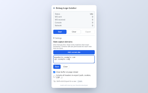 Debug Logs Catcher :: Internal Enreach tool: capture WebSocket, console, network, and environment metadata from a tab. Export gzipped JSON.