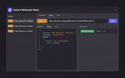 Discord Webhook Tester - Send & Debug Bot Messages Easily :: Test & debug Discord webhook URLs. Send messages, embeds & HTTP requests. Import cURL, inspect responses. Free bot tool.