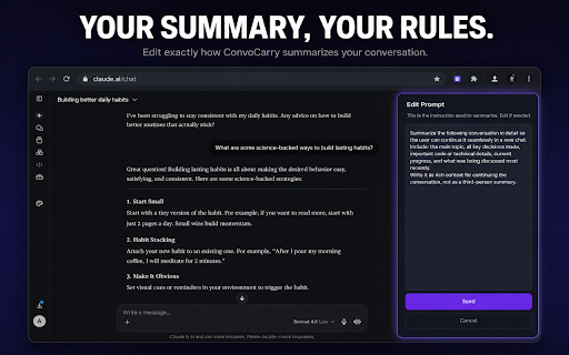 ConvoCarry – Claude Conversation Summary :: Claude forgetting earlier context? Summarize & continue in a fresh chat instantly. Full context, sharper responses. 10 free/day.