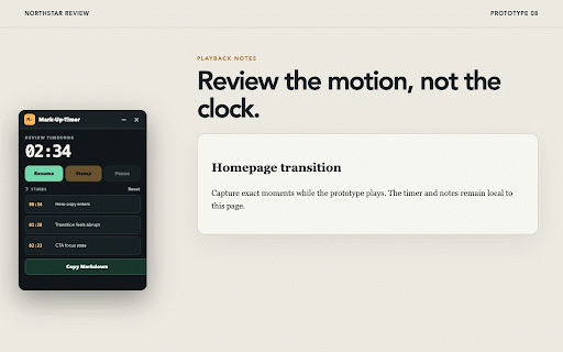 Mark-Up-Timer - Markdown Timestamp Stopwatch :: Capture timestamped review notes on any page and copy a clean Markdown checklist. State stays local.