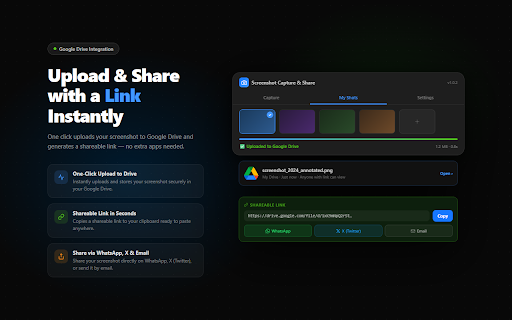 Screenshot Capture & Share — Save to Google Drive :: Capture full page, visible area, desktop or window screenshots. Upload to Google Drive, copy share links, share by email. Free.