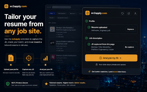 ec2apply Resume Job Matcher & Analyzer :: Free AI resume matcher & analyzer. Match to a job: reads this page's job description and tailors your resume at ec2apply.com.