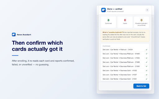 Amex Assistant :: Add an Amex Offer to multiple eligible cards and check the result for each card. No developer-operated backend or telemetry.