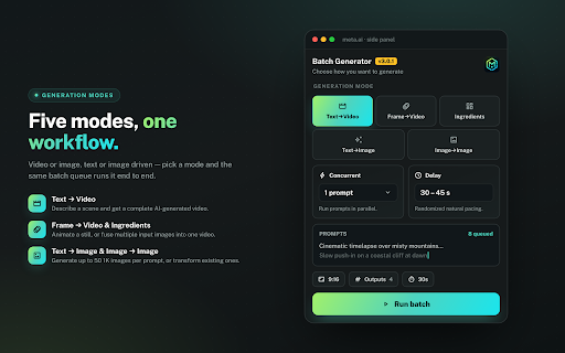 Batch Generator & Auto Download for Meta AI :: Automate Meta AI — batch generate & auto download AI videos and images on meta.ai. Bulk prompt queue, auto retry, auto save.