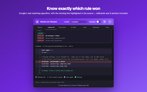 Robots.txt Checker — Indexability & AI Crawler Rules :: Check robots.txt, meta robots, X-Robots-Tag and AI crawler access (GPTBot, ClaudeBot, Google-Extended) for any URL.