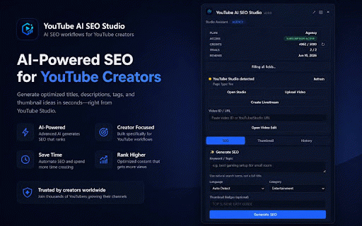YouTube AI SEO Studio :: Generate titles, descriptions, tags, and thumbnails directly inside YouTube Studio.