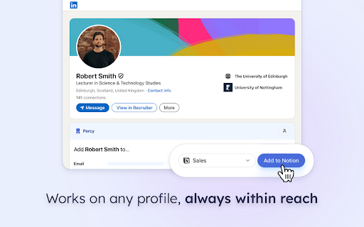 Percy - Save People to Notion :: Save LinkedIn profiles to Notion in 1 click, with Percy - your smart prospecting assistant.