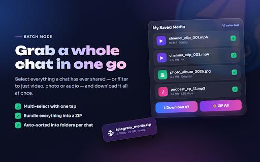 Telegram Video Downloader - Save Videos, Photos & Music :: Save videos, photos & music from your Telegram chats and channels for offline use. Batch download, ZIP export and chat export.