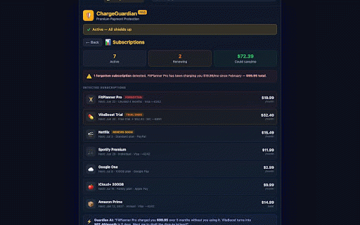 ChargeGuardian Pro :: Premium payment protection — confirms every checkout, detects scams & subscriptions, auto-generates dispute letters.
