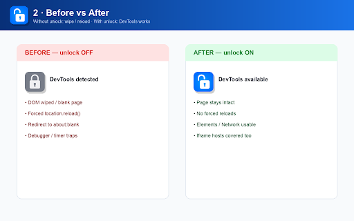 DevTools Unlock Open :: Open-source unlock for sites that block DevTools (e.g. disable-devtool): stop reloads, wipes, and detection.