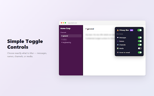 Privacy Blur for Slack — Hide Messages During Screen Sharing :: Hide & blur private Slack DMs, salary chats & names instantly during screen sharing. Hover to peek. No data leaves your device.