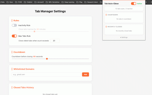 Auto Tab Closer :: Automatically closes inactive tabs based on time and tab count rules with a visual countdown.