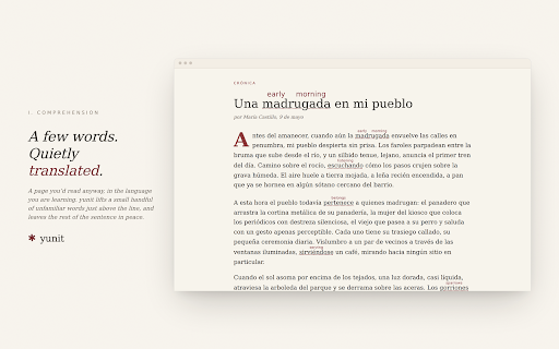 Yunit – companion language layer :: Picks words from any page you read and quietly translates a few of them, so vocabulary travels with you.