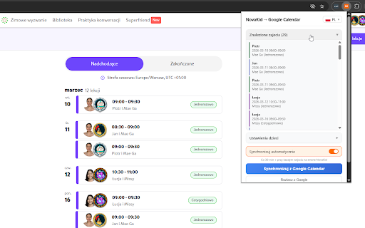 NovaKid to Google Calendar :: Automatically syncs NovaKid English lesson schedule to Google Calendar. Supports multiple children with color coding.