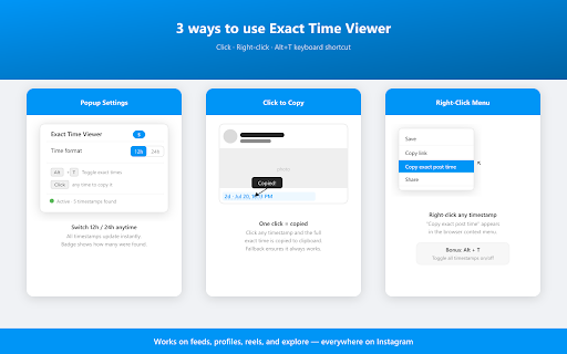 Exact Time Viewer for Instagram :: See exact Instagram post timestamps instantly. Click to copy, Alt+T to toggle, 12h/24h format support.