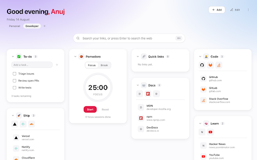 ARC Tab: Productivity Dashboard & New Tab :: A privacy-first custom new tab dashboard. Organize bookmarks, add a Pomodoro timer, to-do list, and notes. No servers or tracking.