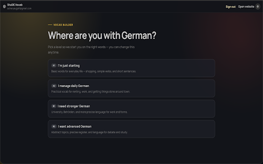 StuDE Vocab Builder :: Turn every new tab into a German vocab lesson — with Nepali bridge that make words stick.