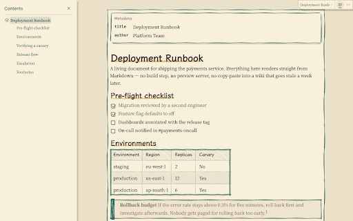 Scribdown :: Renders any .md page or local Markdown file in place — code highlighting, Mermaid diagrams, table of contents.