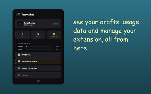 TweetMint :: AI that writes like you, not like AI. Generate replies and tweets in your exact voice using AI that learns from your writing style.