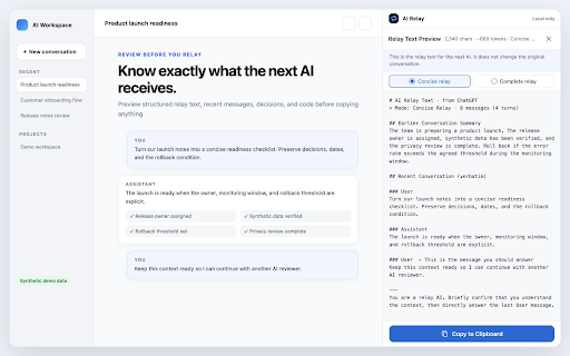 AICarry :: Continue chats across ChatGPT, Claude, Gemini, and Grok with local, previewable relay text.