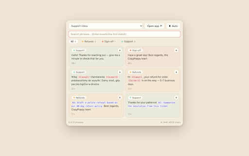 CopyPoppy :: Insert your saved replies and AI-filled templates into any text field. Your phrase library, finished by AI, one click away.