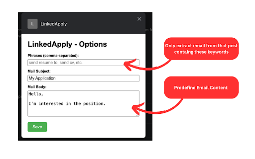 LinkedApply :: Automatically collects emails from LinkedIn posts matching your keywords, quick access “Send Email” button.