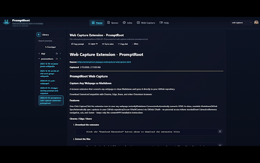 PromptRoot Web Capture :: Capture any webpage as Markdown and send to GitHub