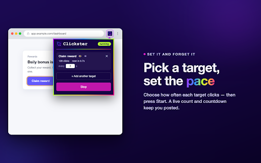 Clickster :: Auto-click any element — or a point on a canvas/game — at a rate you choose, with multiple targets at once.