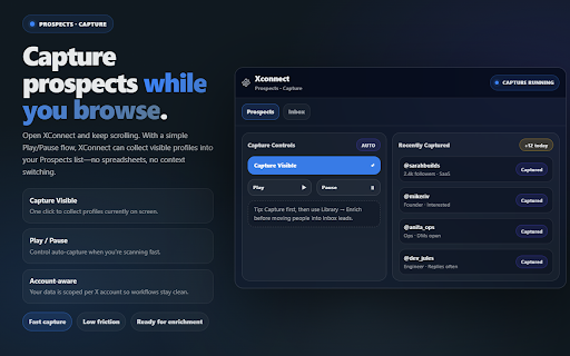 XConnect :: Capture prospects as you browse X, then manage leads and send DMs from a lightweight CRM overlay—all without leaving the platform.