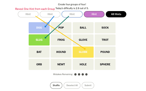 NYT Connections :: Boost your NYT Connections game: highlight hints, tag tiles, and track guess history, including ‘One Away’ misses.