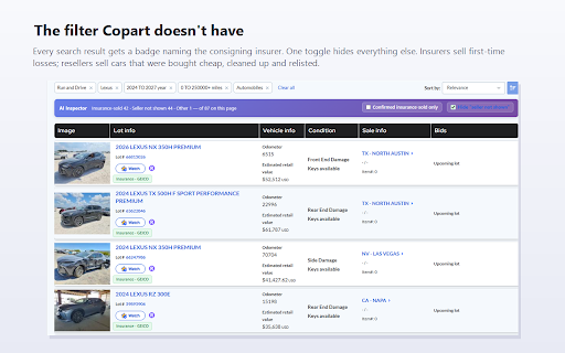 Insurance Lots — Car Auction History & AI Inspector :: Copart auction history on the lot page — past runs, final bids, sellers — plus an insurer filter and AI photo inspection.