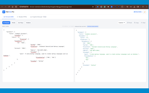 DevTools Pro :: Format JSON, Render HTML, JWE/RSA/AES/Bcrypt Crypto Tools — all in one sleek developer toolkit.