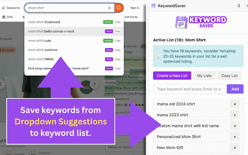 KeywordSaver: Etsy SEO Tool :: Quickly save and organize Etsy SEO keywords into custom lists using buttons inserted across Etsy search and listings.