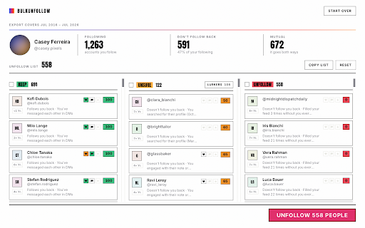BulkUnfollow.com: Mass Unfollow for Instagram without Sharing your Password :: Works through your unfollow list on instagram.com at a human pace — in your own browser, with no password and no server.