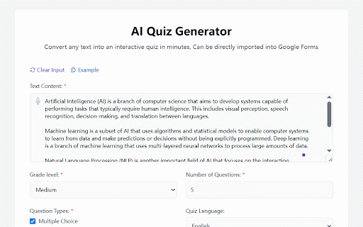 AI Quiz Generator - Instant Assessment Quiz Builder :: Create quizzes and answers from any content in minutes using AI. Supports multiple question types, difficulty levels, and languages