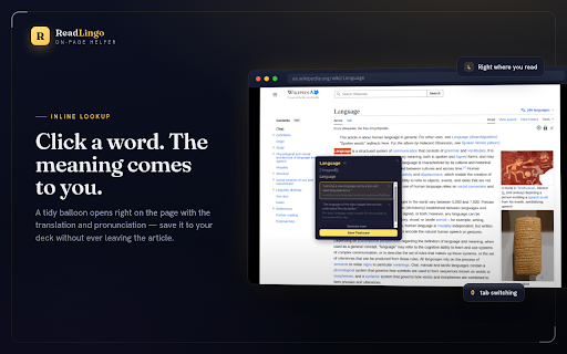ReadLingo :: Learn languages while you browse. Translate words, generate AI sentences, organize decks, and review with spaced repetition.