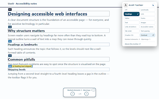 Aceit Toolbar :: Accessibility inspection toolbar. Highlight page structure and identify potential issues during manual reviews.