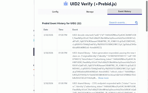 UID Verify :: Debug UID2/EUID implementations: track events, errors, storage, and SDK responses across websites for developers.