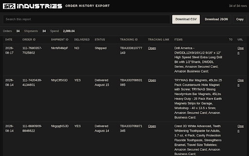 Amazon Order History Exporter :: Export your Amazon order history to CSV or JSON. Orders, items, payments, and shipments. Local only.