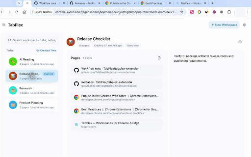 TabPlex :: Local-first Chrome workspaces for safer tab switching, organized task context, notes, and recoverable recent states.