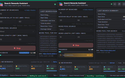 Search Rewards Assistant :: View your MS Rewards points at a glance, monitor search progress in real time, and complete your daily PC search goal.