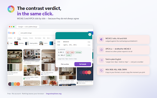 Color Picker & Eyedropper – WCAG Contrast Checker :: Eyedropper color picker with instant WCAG + APCA contrast. Grab HEX, RGB, HSL from any page or image. OKLab palettes, .ase export.