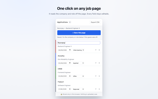 Job Application Tracker :: Save any job posting with one click and track your applications. All data stays in your browser — nothing is ever uploaded.