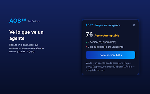 AOS™ by Believe — Agent Operability Score :: ¿Puede un agente de IA operar este sitio? Mide el AOS™ de cualquier web al instante, directo desde tu navegador.