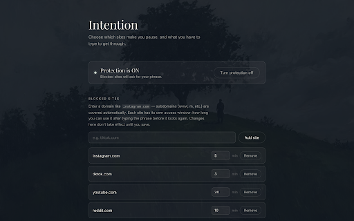 Intention :: Pause before you scroll. Type your commitment phrase to continue to distracting sites.
