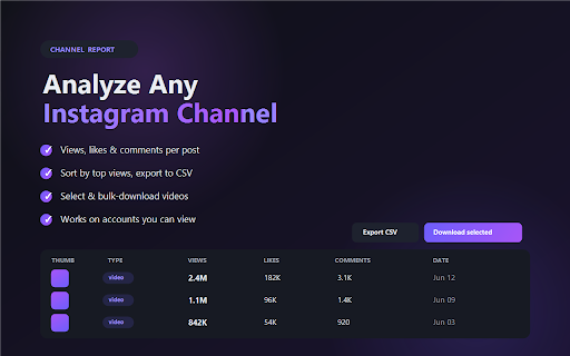 ReelSaver HD — Instagram Video Downloader & Analytics :: Download Instagram Reels & videos in Full HD, batch-save links, and analyze any channel's views, likes & comments.
