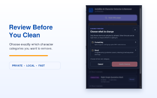 Invisible AI Character Detector & Remover :: Inspect hidden and suspicious Unicode, reveal exact evidence, clean with preview and undo, and optionally remove complete emoji.