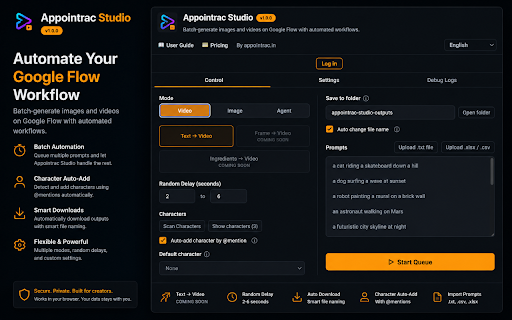 Appointrac Studio :: Batch-generate images and videos on Google Flow with automated workflows.